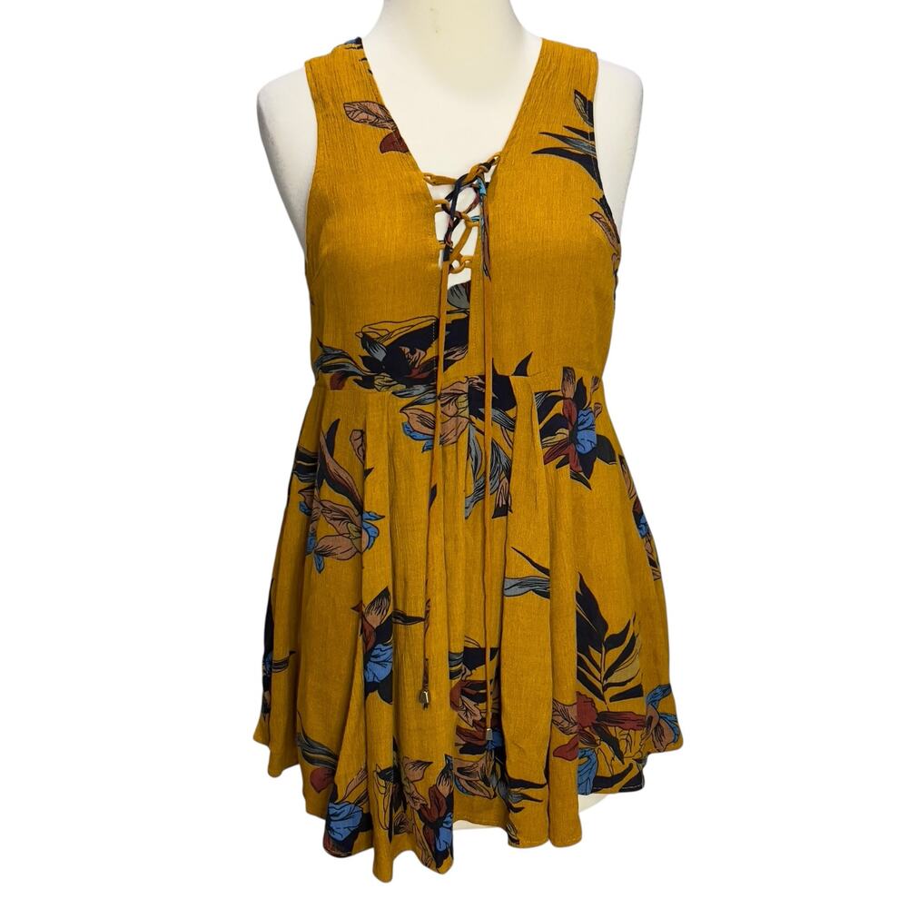 Anthropologie Everly Baby Doll Tunic Top XS Mustard Lace Up Open‎ Back Boho Chic